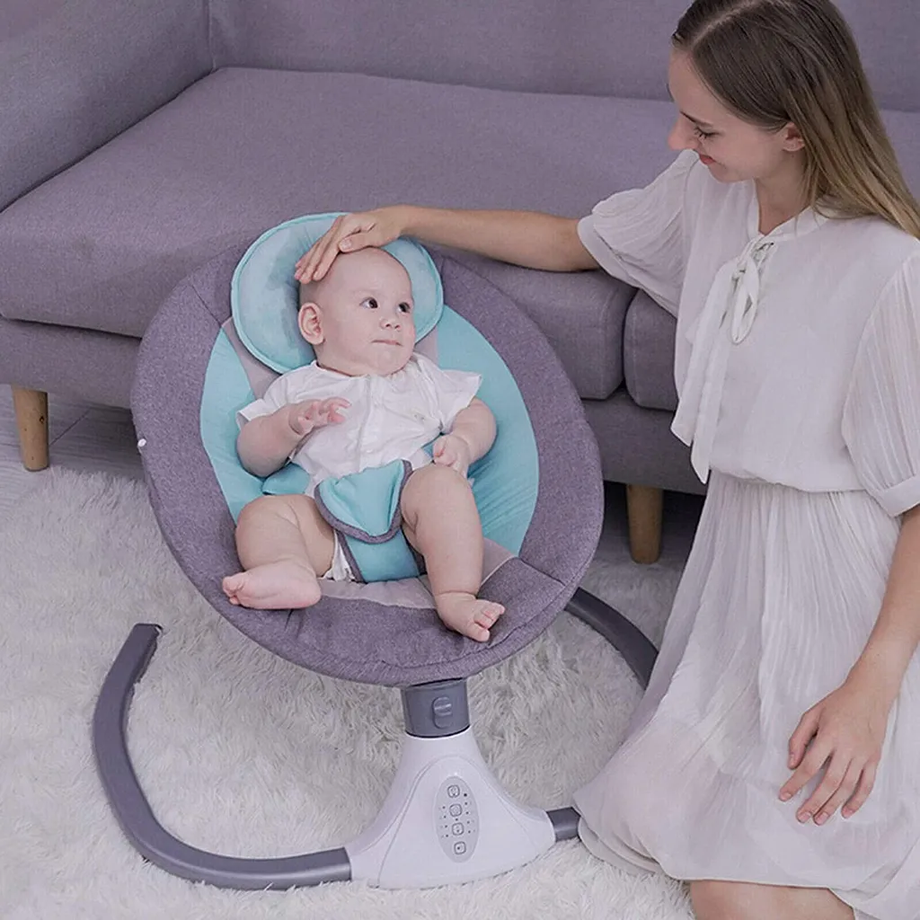 Elektrische Babywippe Baby Federwiege Schaukelstuhl 4-Gang Geschwindigkeitsverstellbare Babyschale mit Musik Timer für 0-12 Monate 3-12KG(Blau)